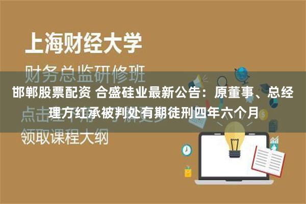 邯郸股票配资 合盛硅业最新公告：原董事、总经理方红承被判处有期徒刑四年六个月